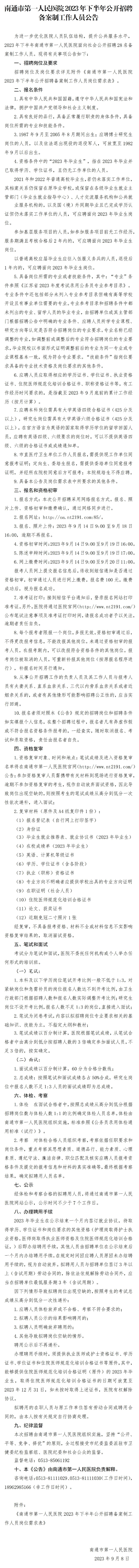 南通市第一人民医院2023年下半年公开招聘备案制工作人员公告_第一人民医院_南通市第一人民医院.png